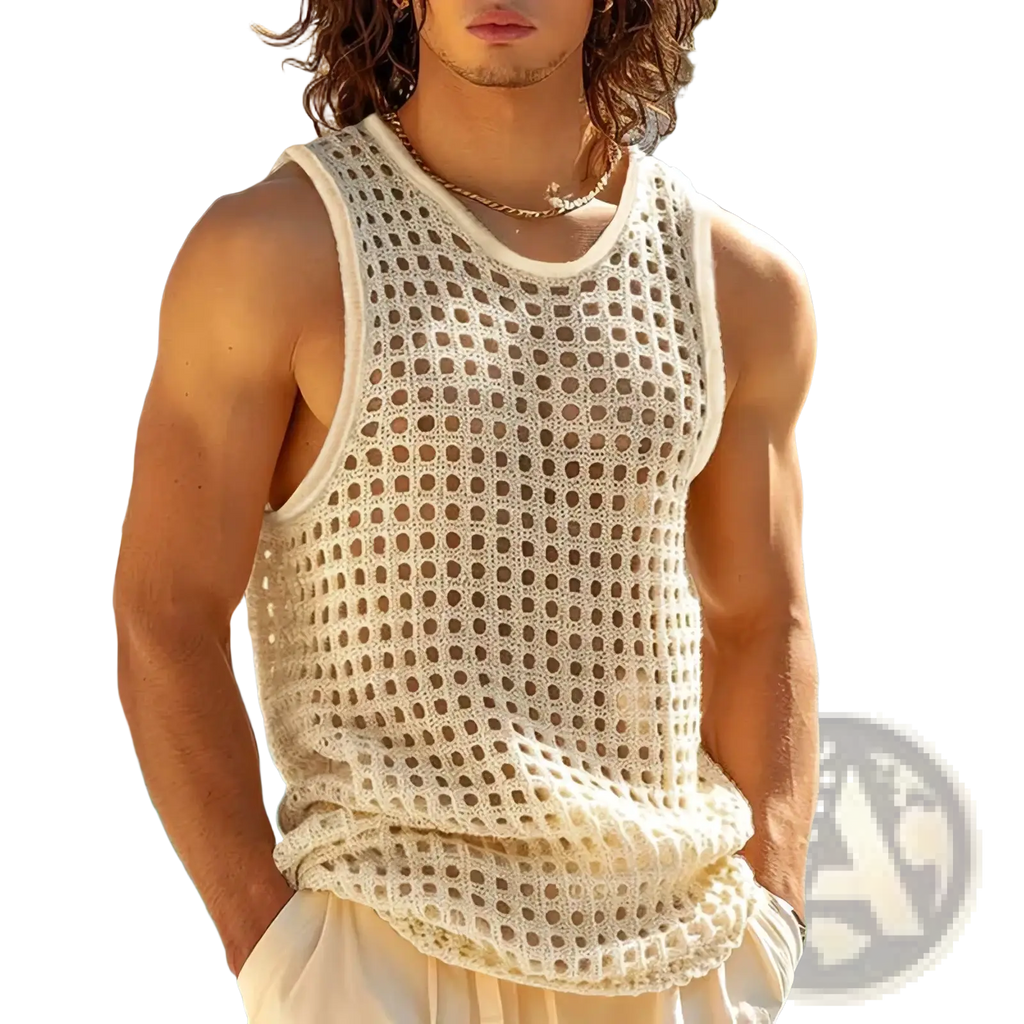Cream-colored hand-crocheted mesh tank top with round neckline sleeveless design for men casual summer wear