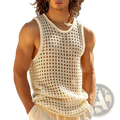 Cream-colored hand-crocheted mesh tank top with round neckline sleeveless design for men casual summer wear