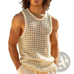 Cream-colored hand-crocheted mesh tank top with round neckline sleeveless design for men casual summer wear