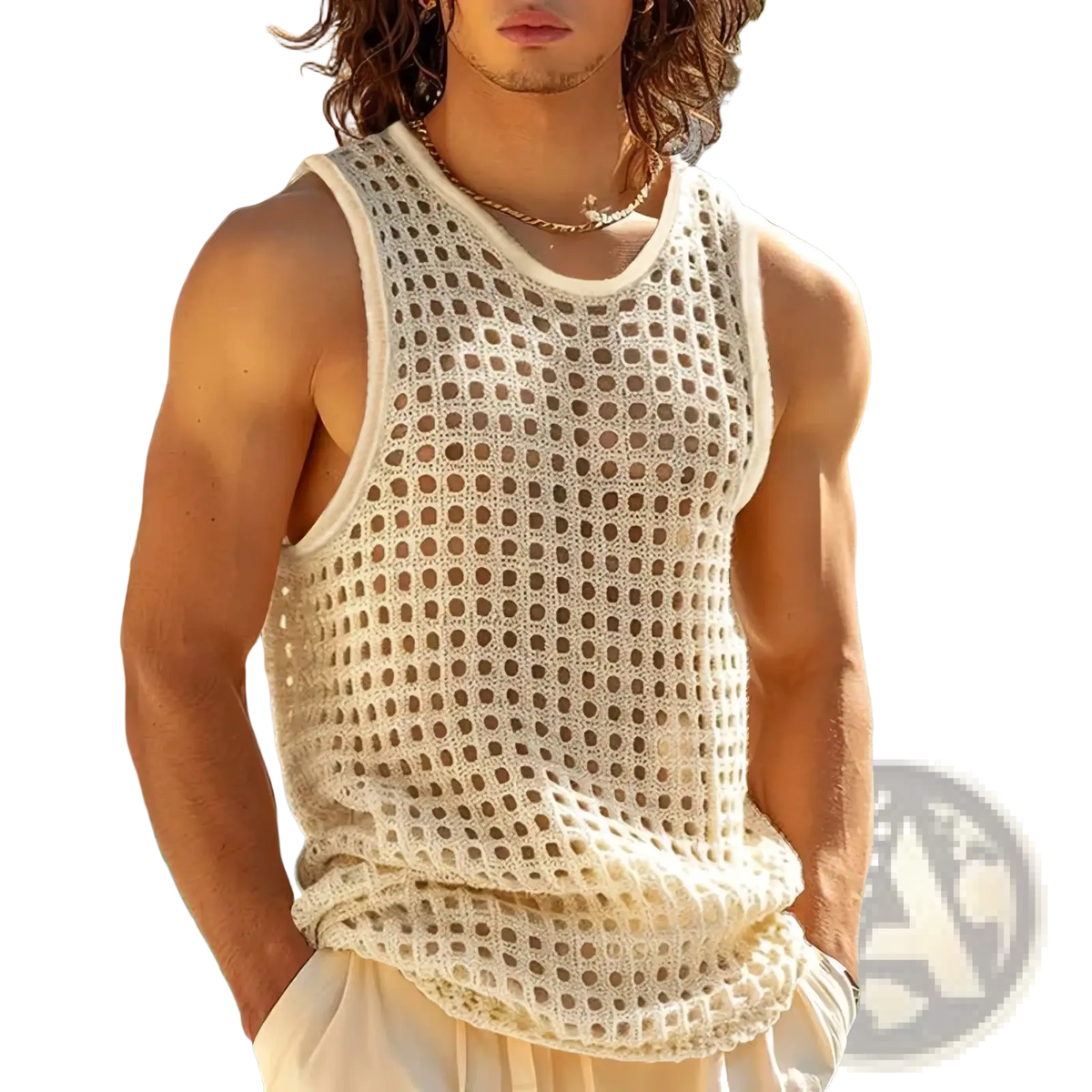 Cream-colored hand-crocheted mesh tank top with round neckline sleeveless design for men casual summer wear