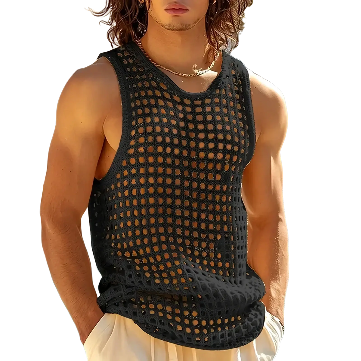 Black crocheted mesh tank top with round neckline and openwork pattern for men casual summer wear