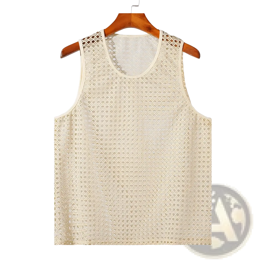 Cream-colored mesh tank top for men with sleeveless design and intricate lace detailing for casual summer wear