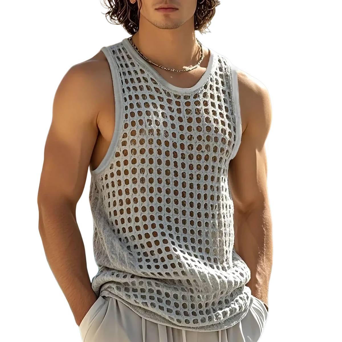 Light gray mesh tank top for men with round neckline and loose fit casual summer sleeveless shirt