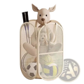 Beige mesh toy storage basket foldable laundry hamper with plush kangaroo stuffed animal peeking out from top