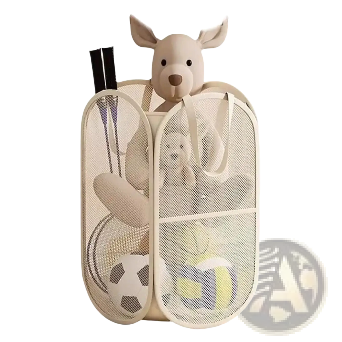 Beige mesh toy storage basket foldable laundry hamper with plush kangaroo stuffed animal peeking out from top