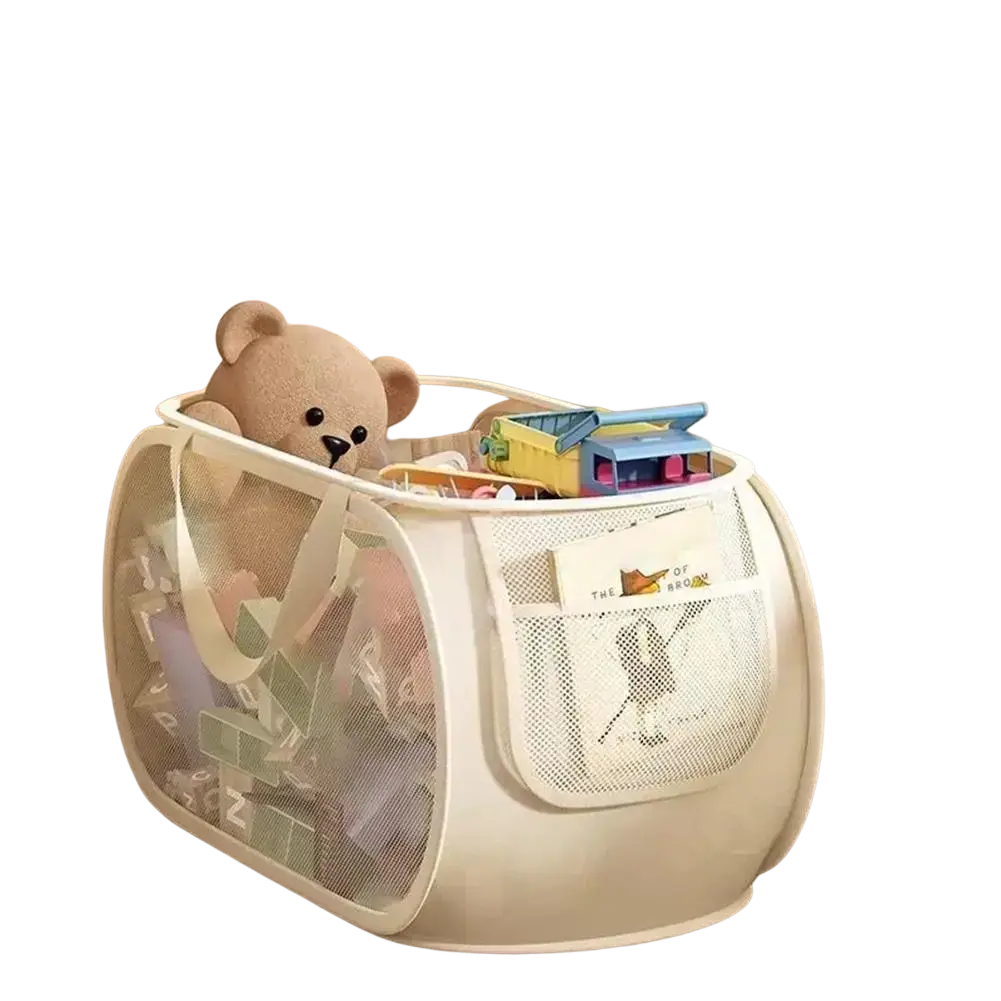 Beige mesh toy storage basket foldable laundry hamper with front pocket and sturdy handles for easy carrying