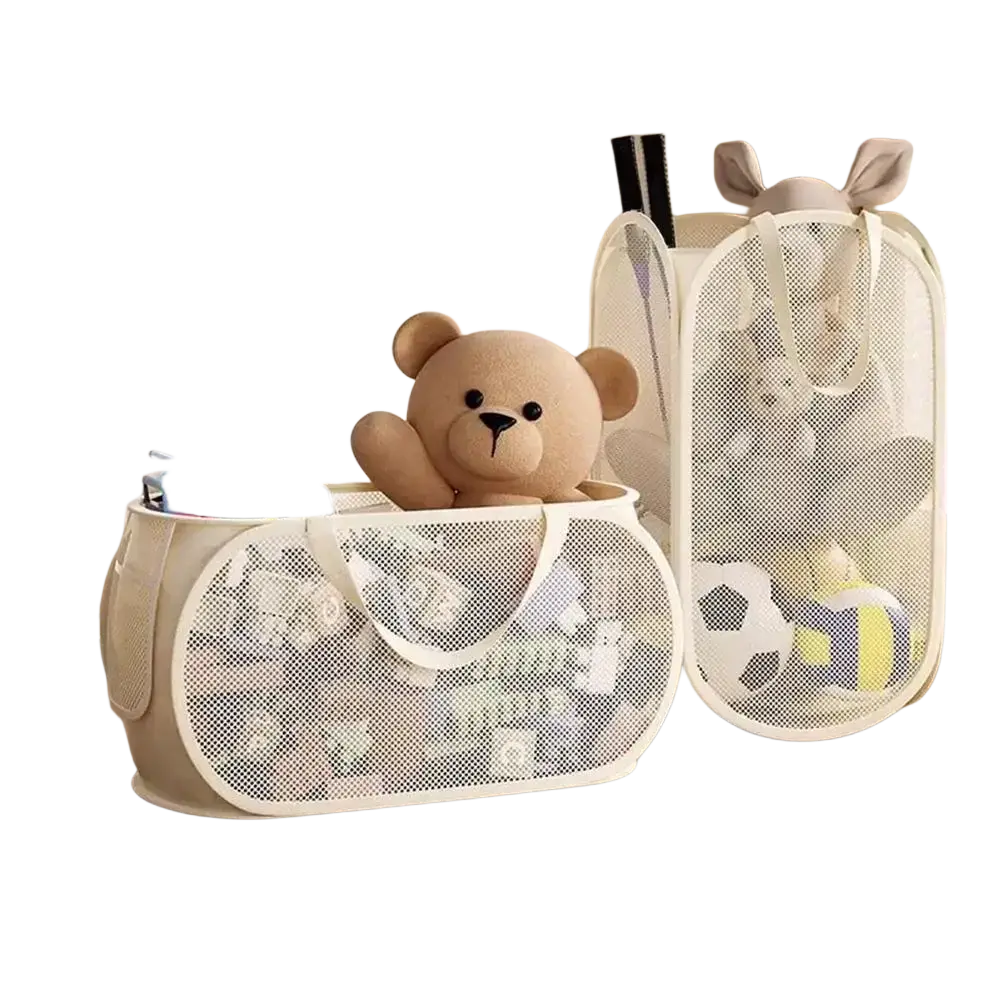 Beige mesh toy storage basket foldable laundry hamper with white handles and a plush teddy bear inside