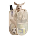 Beige mesh toy storage basket foldable laundry hamper with plush kangaroo stuffed animal peeking out from top