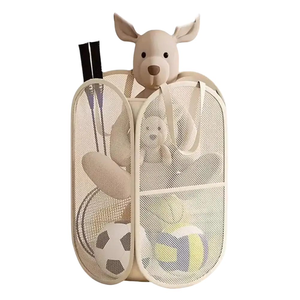 Beige mesh toy storage basket foldable laundry hamper with plush kangaroo stuffed animal peeking out from top