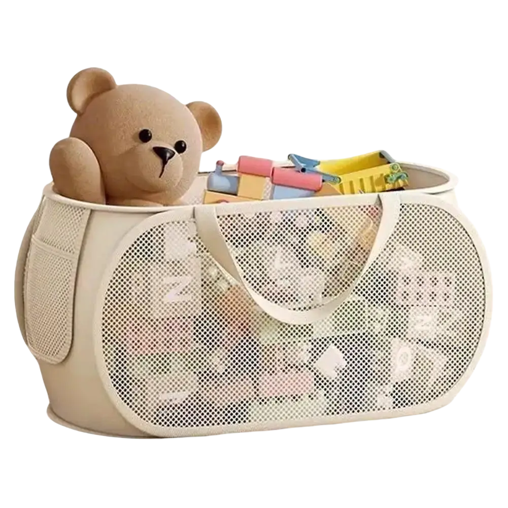 Beige mesh toy storage basket with sturdy handles and side pockets filled with colorful toys for organization