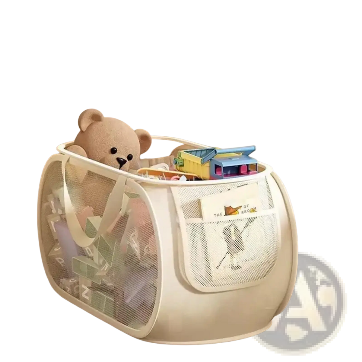 Beige mesh toy storage basket foldable laundry hamper with front pocket and sturdy handles for easy carrying