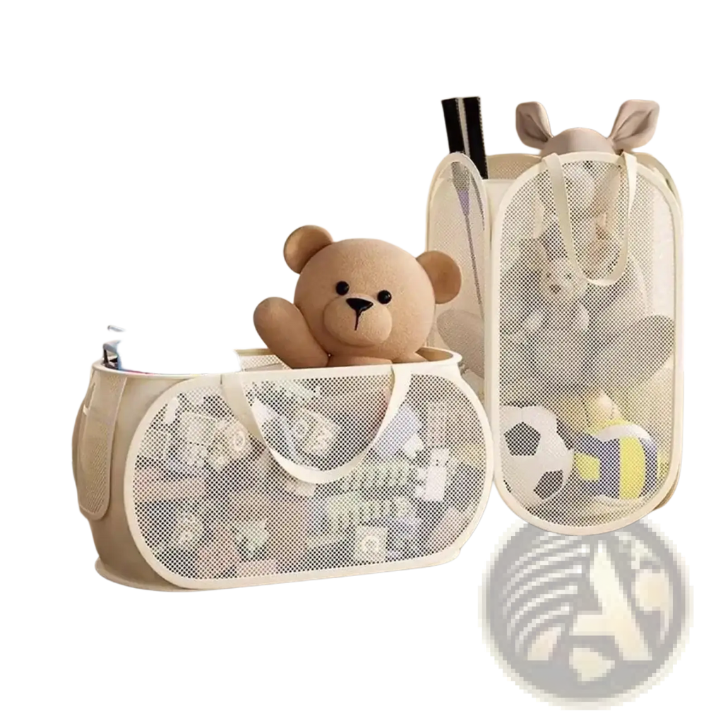 Beige mesh toy storage basket foldable laundry hamper with white handles and a plush teddy bear inside