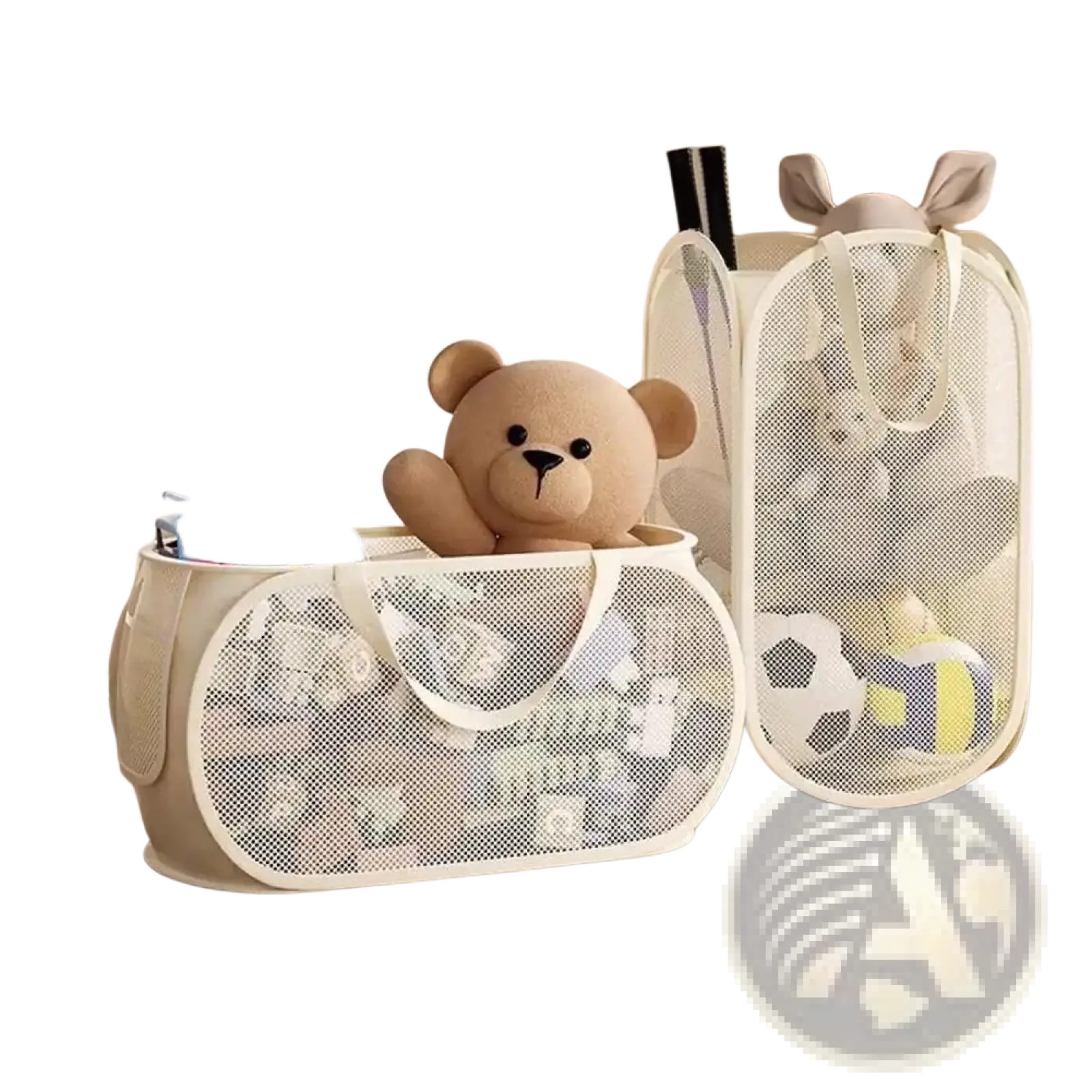 Beige mesh toy storage basket foldable laundry hamper with white handles and a plush teddy bear inside