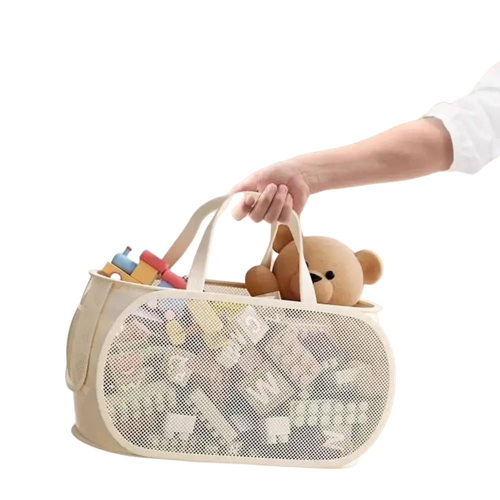 White mesh foldable toy storage basket with double handles for easy mobility and laundry hamper use filled with toys