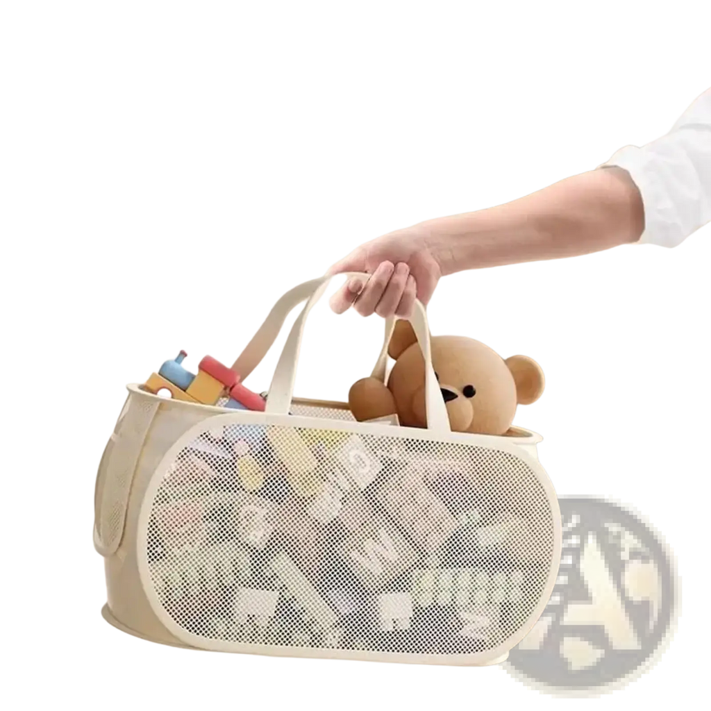 White mesh foldable toy storage basket with double handles for easy mobility and laundry hamper use filled with toys
