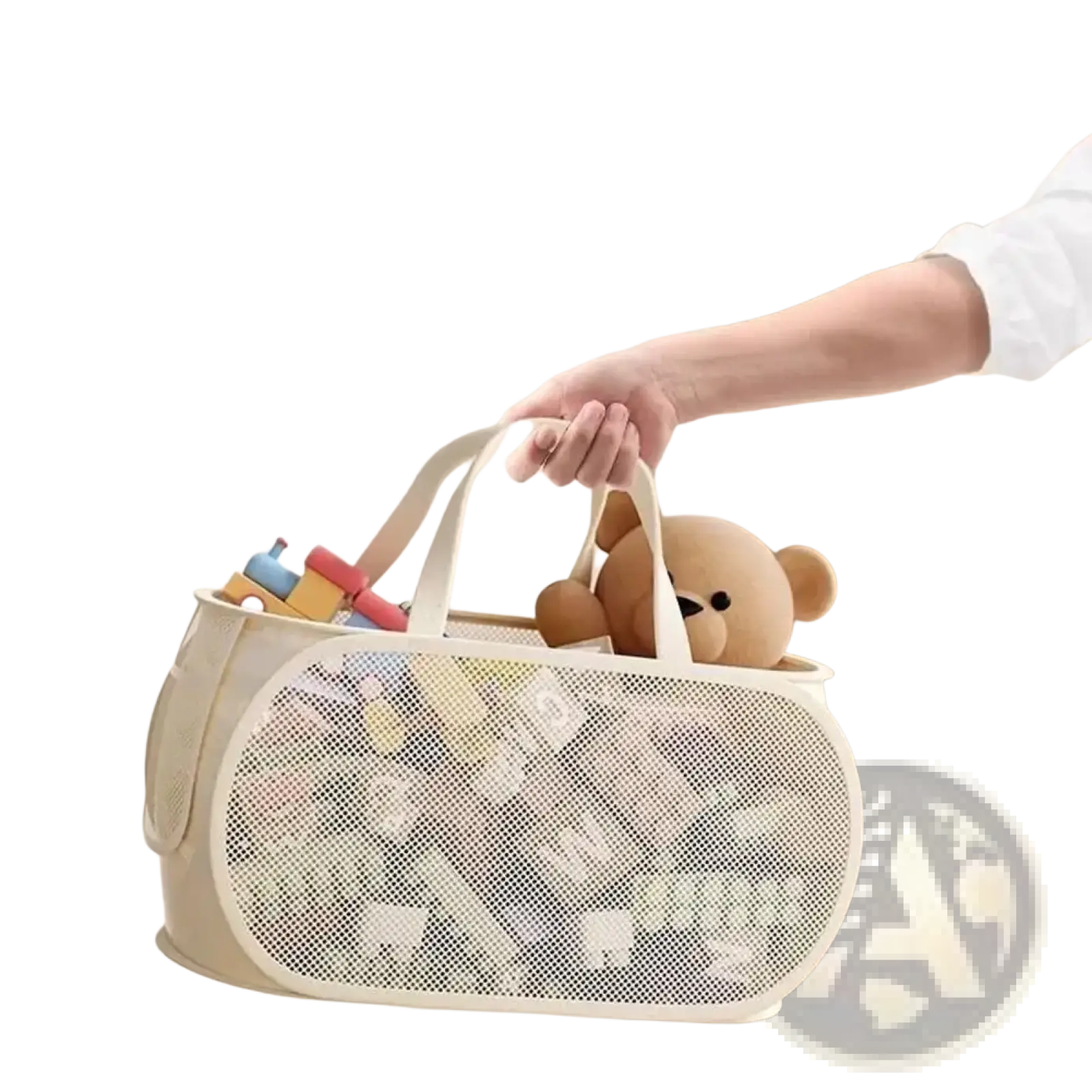 White mesh foldable toy storage basket with double handles for easy mobility and laundry hamper use filled with toys