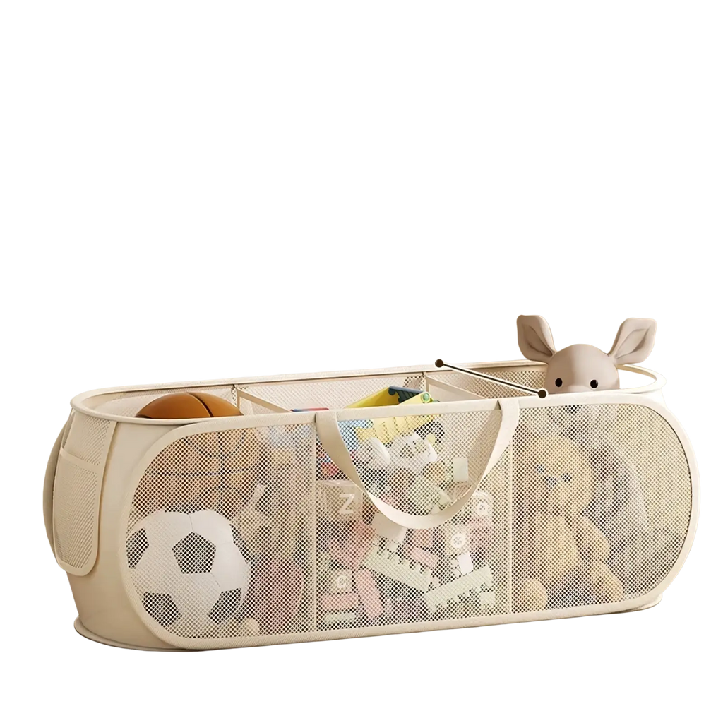 Beige mesh foldable laundry basket with three compartments and white handles for large capacity toy storage organization