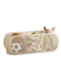Beige mesh foldable laundry basket with three compartments and white handles for large capacity toy storage organization