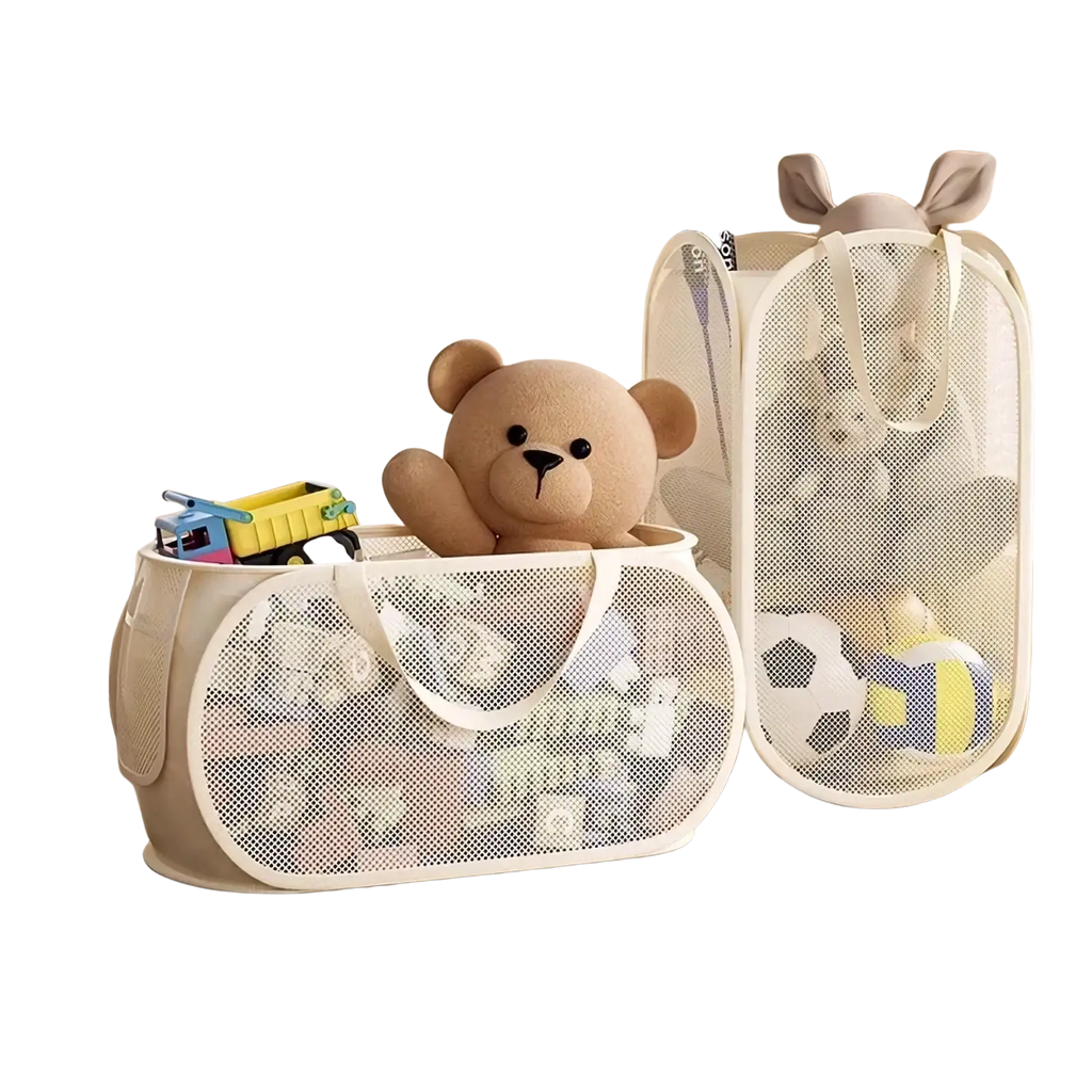 Beige mesh toy storage basket with soft handles showing plush teddy bear inside large capacity organizer