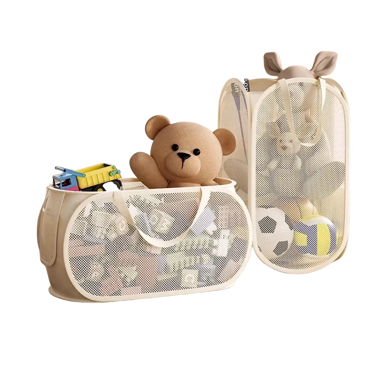 Beige mesh toy storage basket with soft handles showing plush teddy bear inside large capacity organizer