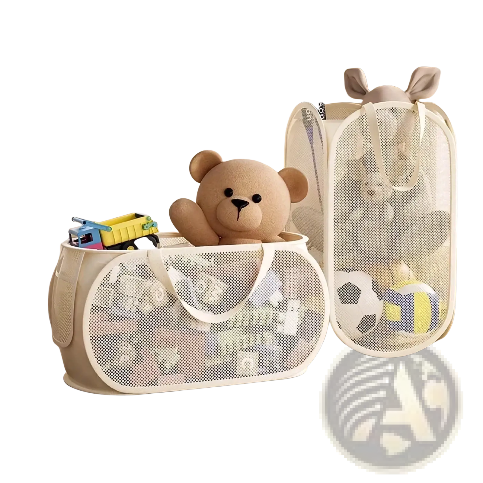 Beige mesh toy storage basket with soft handles showing plush teddy bear inside large capacity organizer