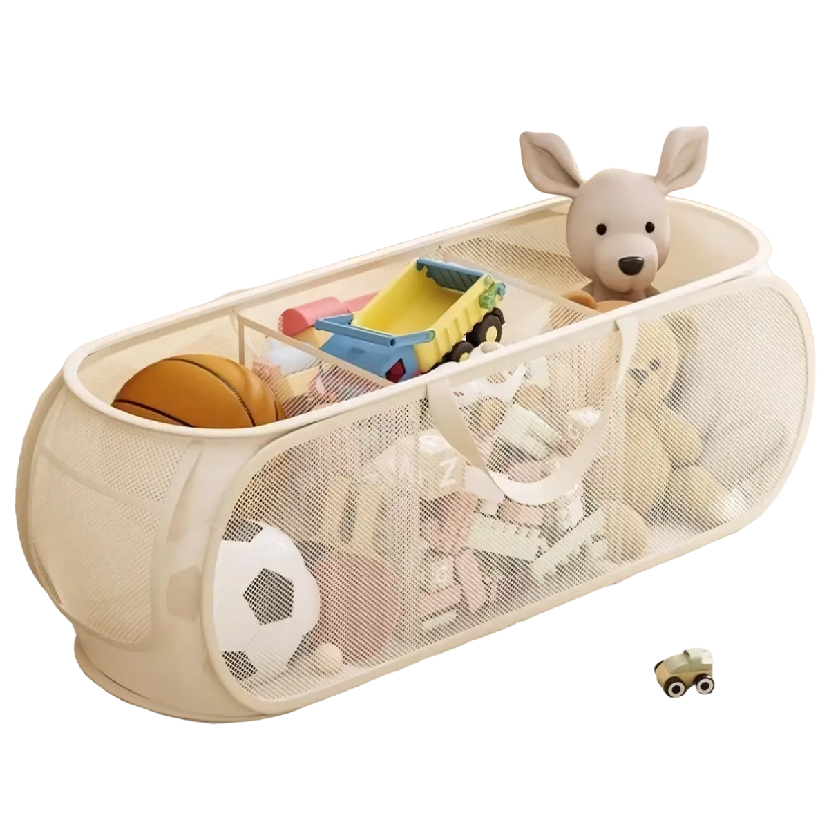 Cream-colored mesh toy storage basket with white handles and multiple compartments for large capacity organization