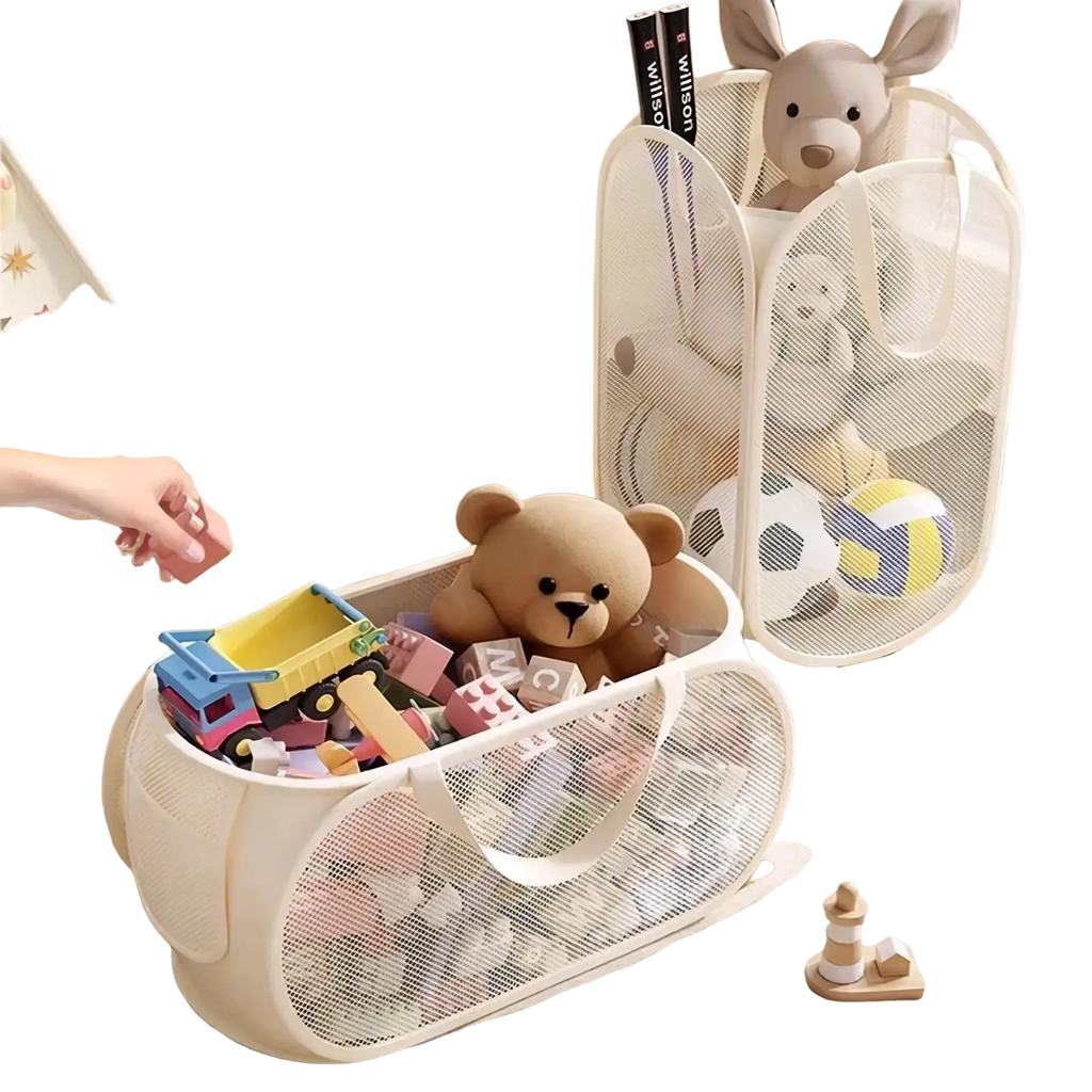 Cream-colored mesh toy storage basket large capacity organizer filled with colorful childrens toys and a plush teddy bear