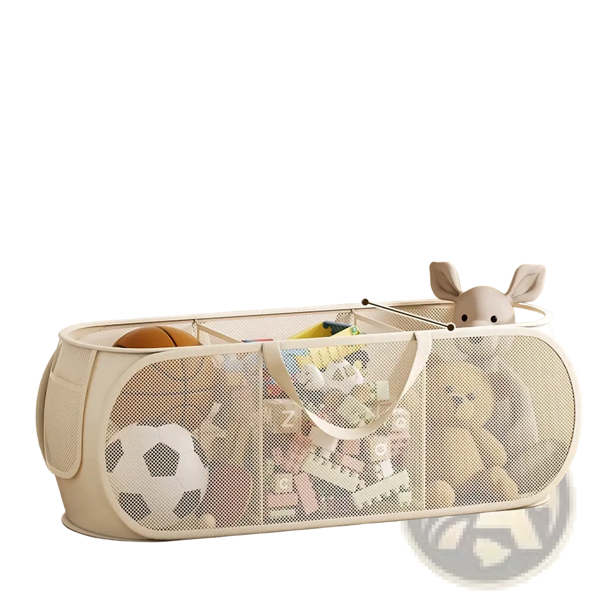 Beige mesh foldable laundry basket with three compartments and white handles for large capacity toy storage organization