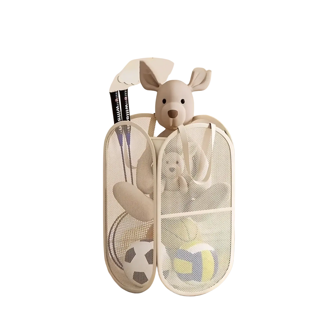 White mesh laundry hamper large capacity organizer with plush kangaroo toy peeking out from the top