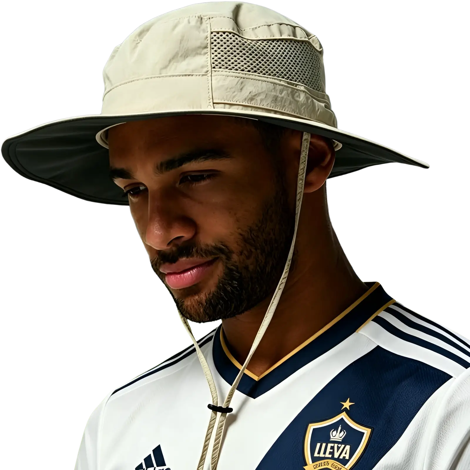Beige mesh UV protection bucket hat with adjustable strap shown from the back side for sun safety and comfort
