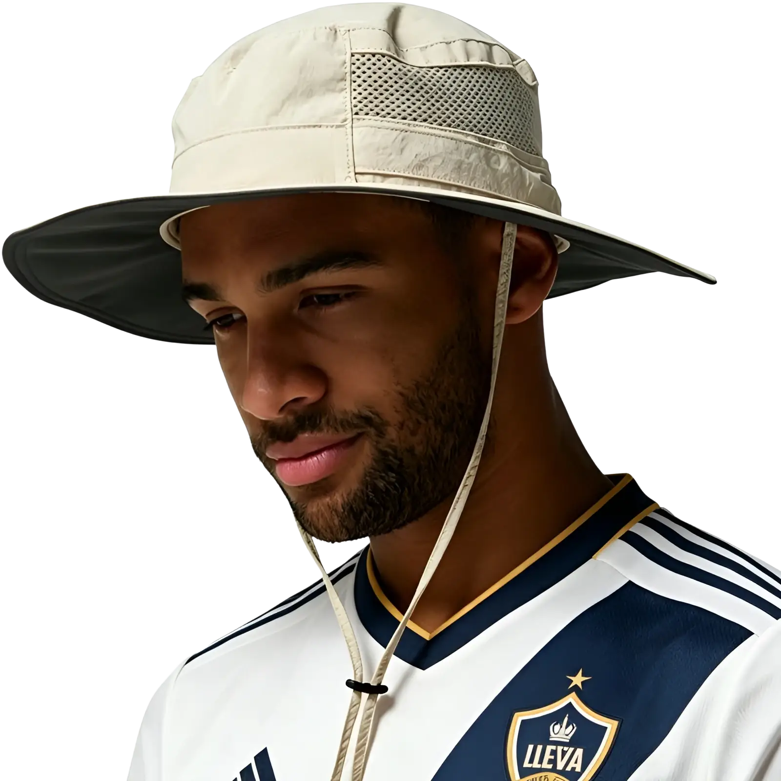 Beige and black mesh uv protection bucket hat with adjustable chin strap shown from the back side