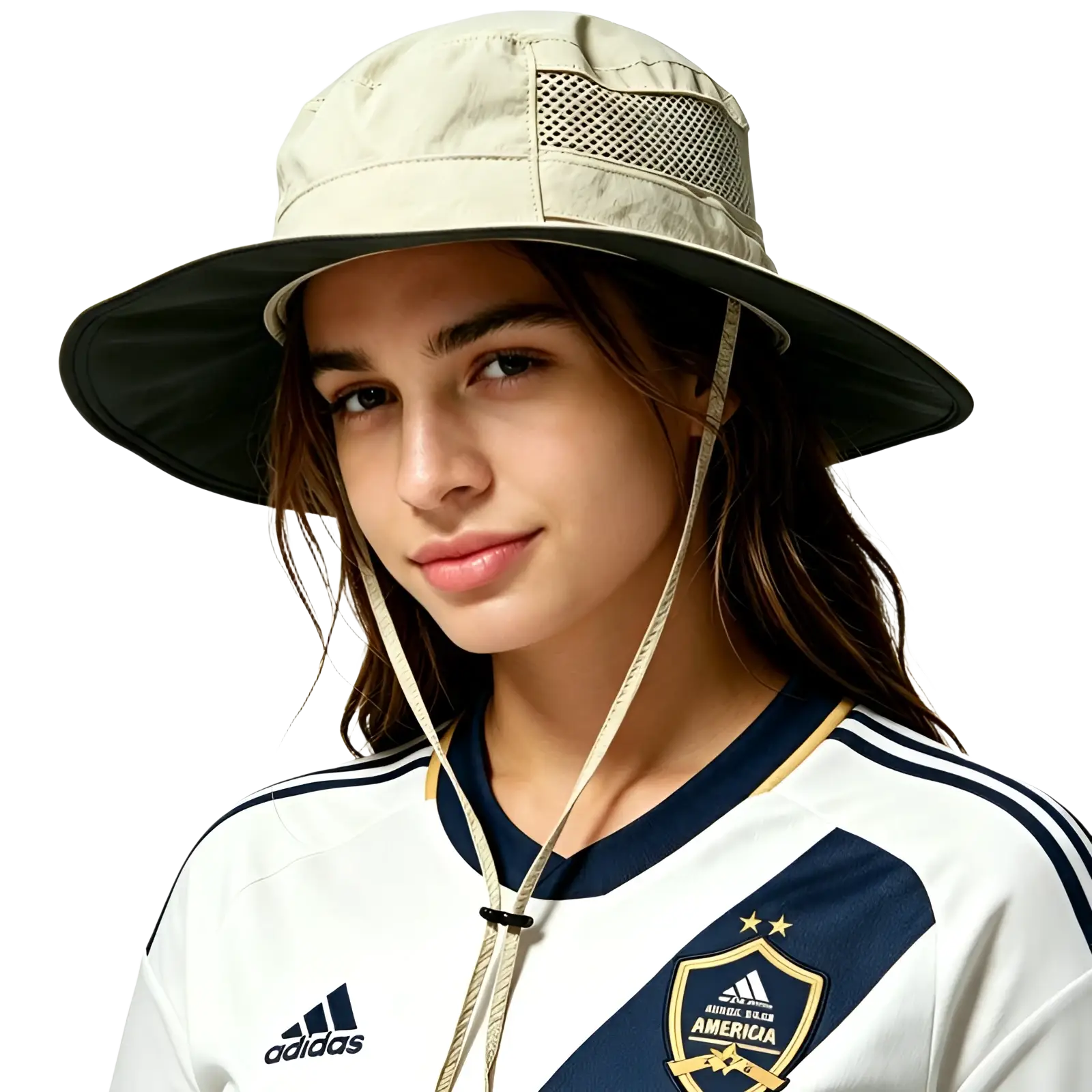 Beige and black mesh uv protection bucket hat with adjustable chin strap and breathable panels for sun protection