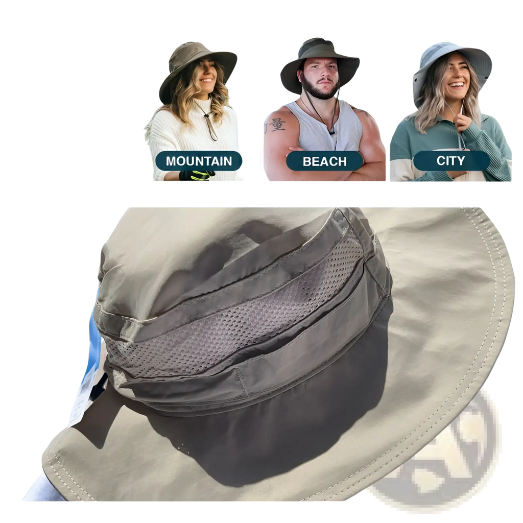 Beige lightweight mesh uv protection bucket hat with stitched detailing and breathable mesh panel