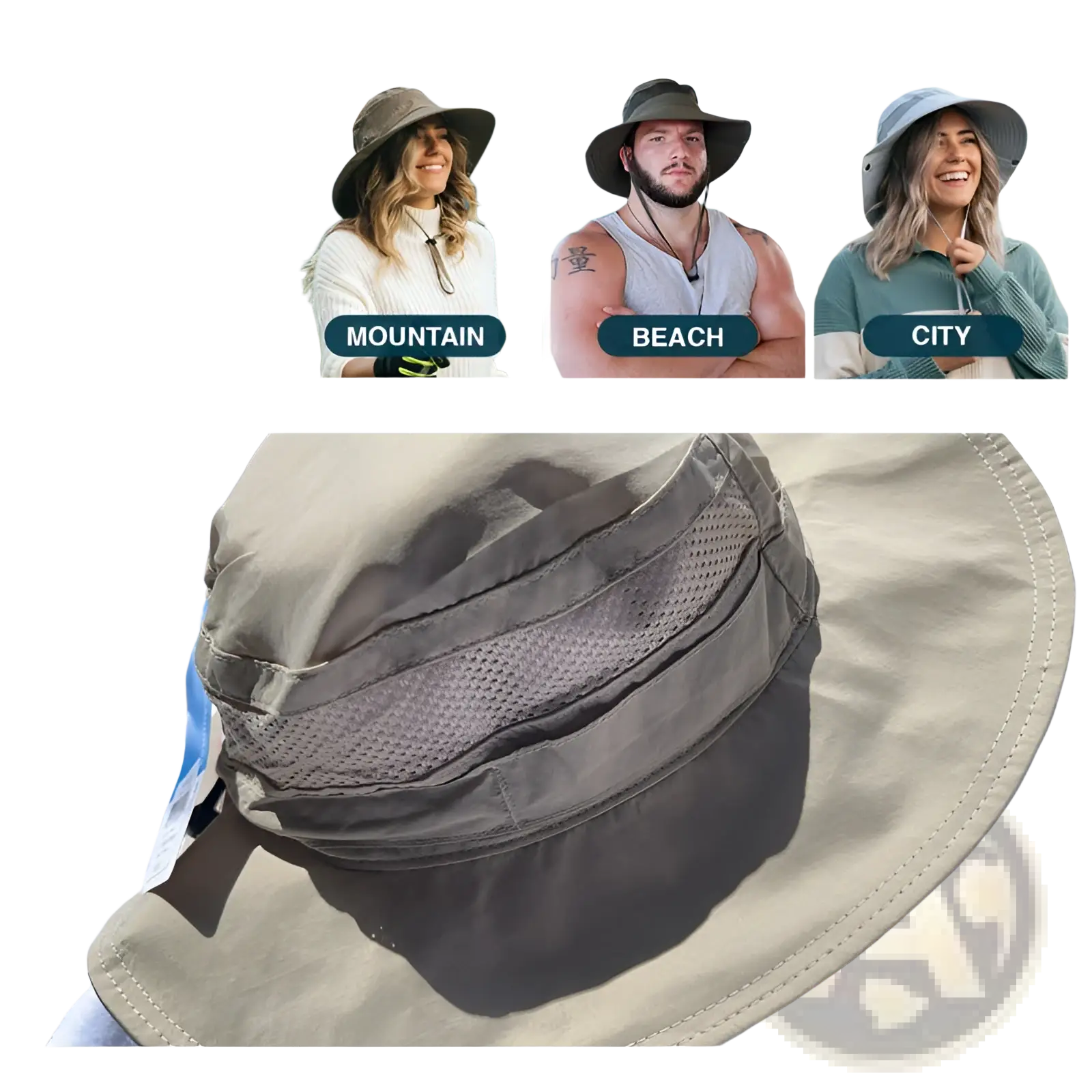 Beige lightweight mesh uv protection bucket hat with stitched detailing and breathable mesh panel