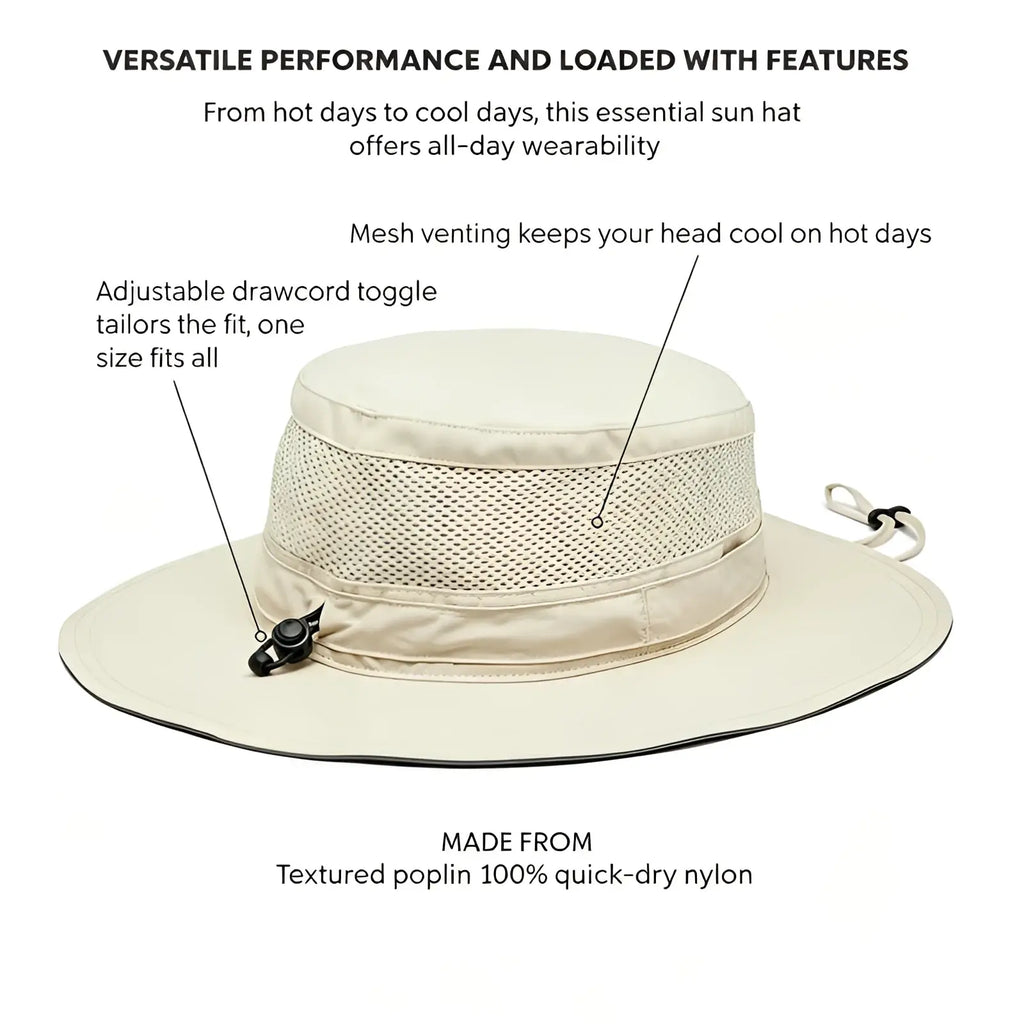 Beige mesh uv protection bucket hat with adjustable drawcord toggle made from textured quick-dry nylon poplin
