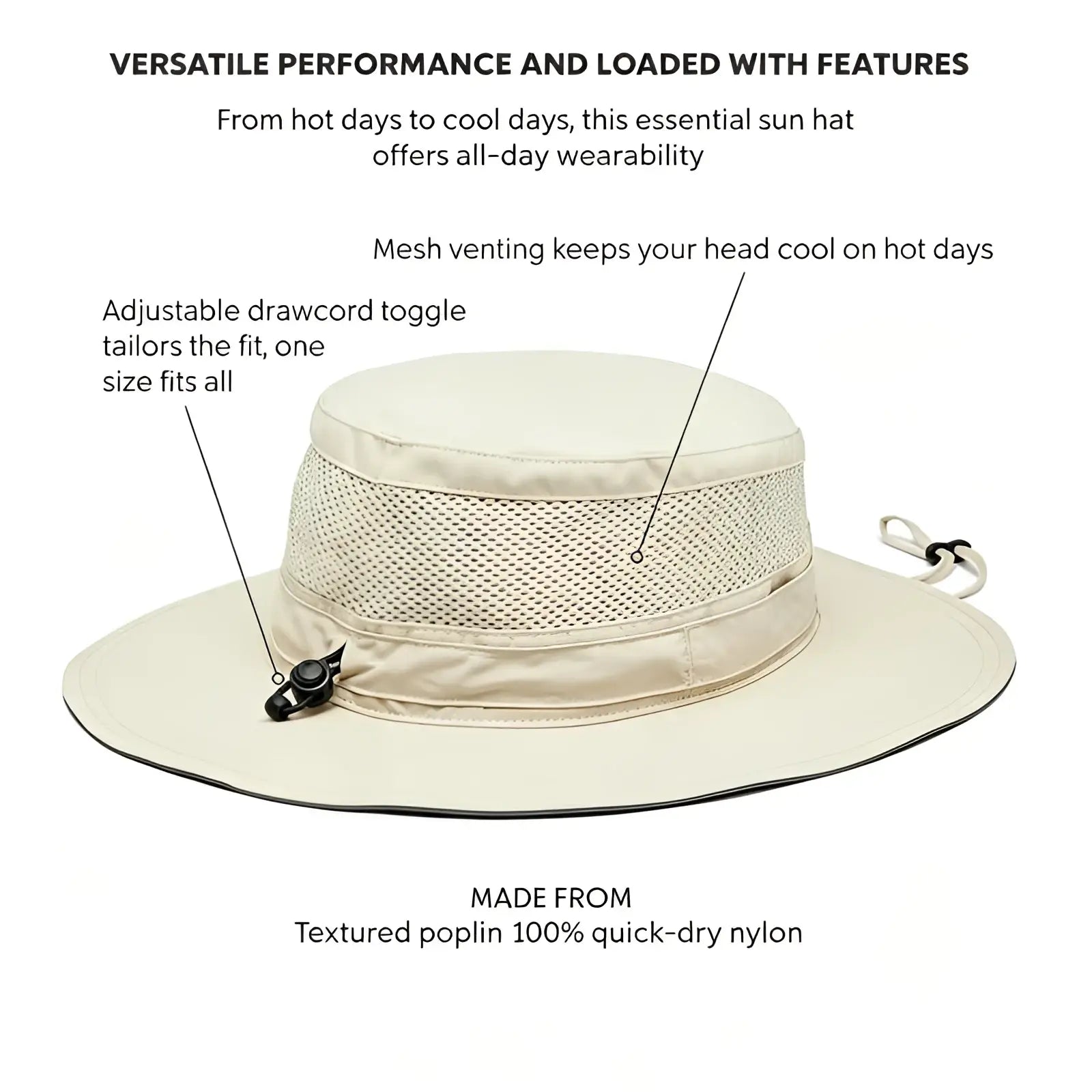 Beige mesh uv protection bucket hat with adjustable drawcord toggle made from textured quick-dry nylon poplin
