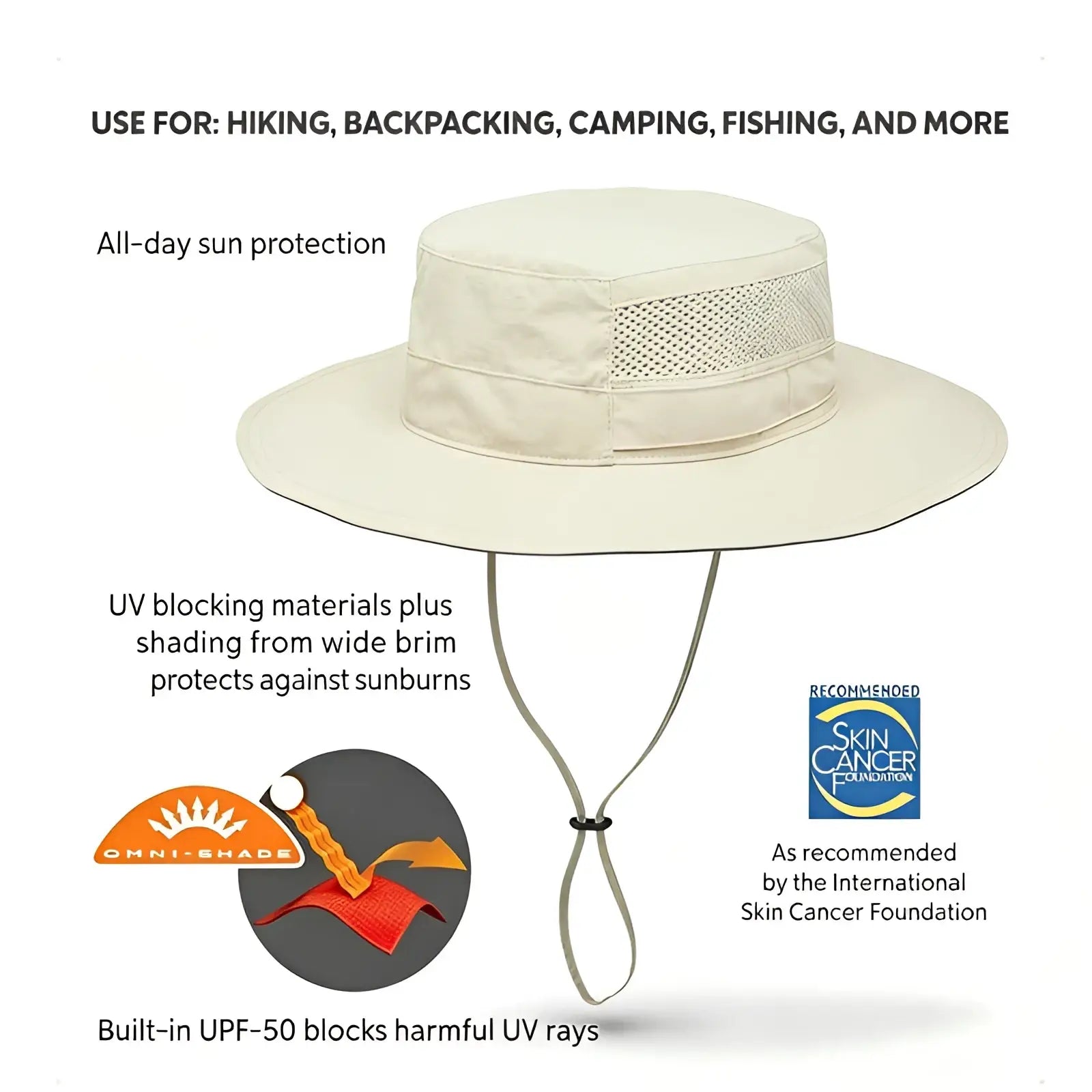 Beige mesh uv protection bucket hat with wide brim and adjustable chin strap for all-day sun protection
