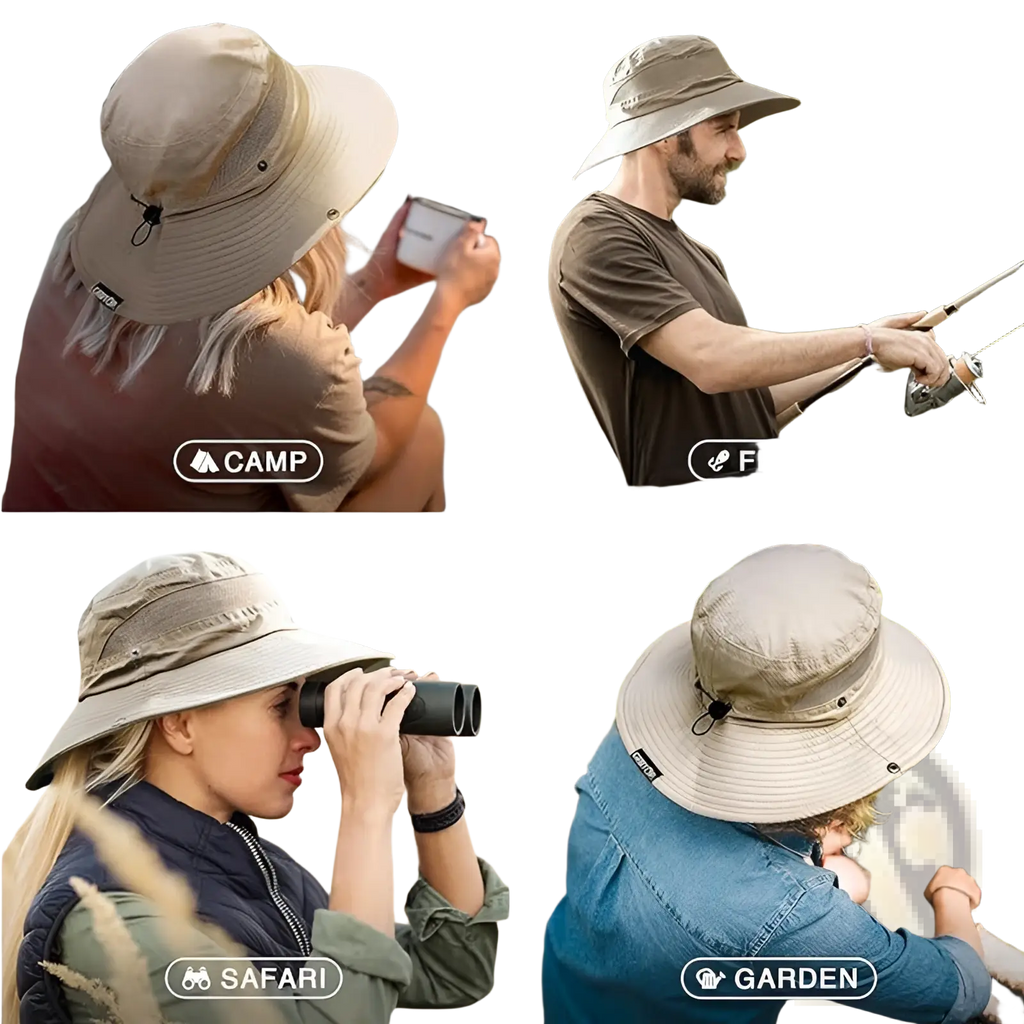 Beige mesh uv protection bucket hat with wide brim, adjustable strap, and mesh lining suitable for outdoor activities