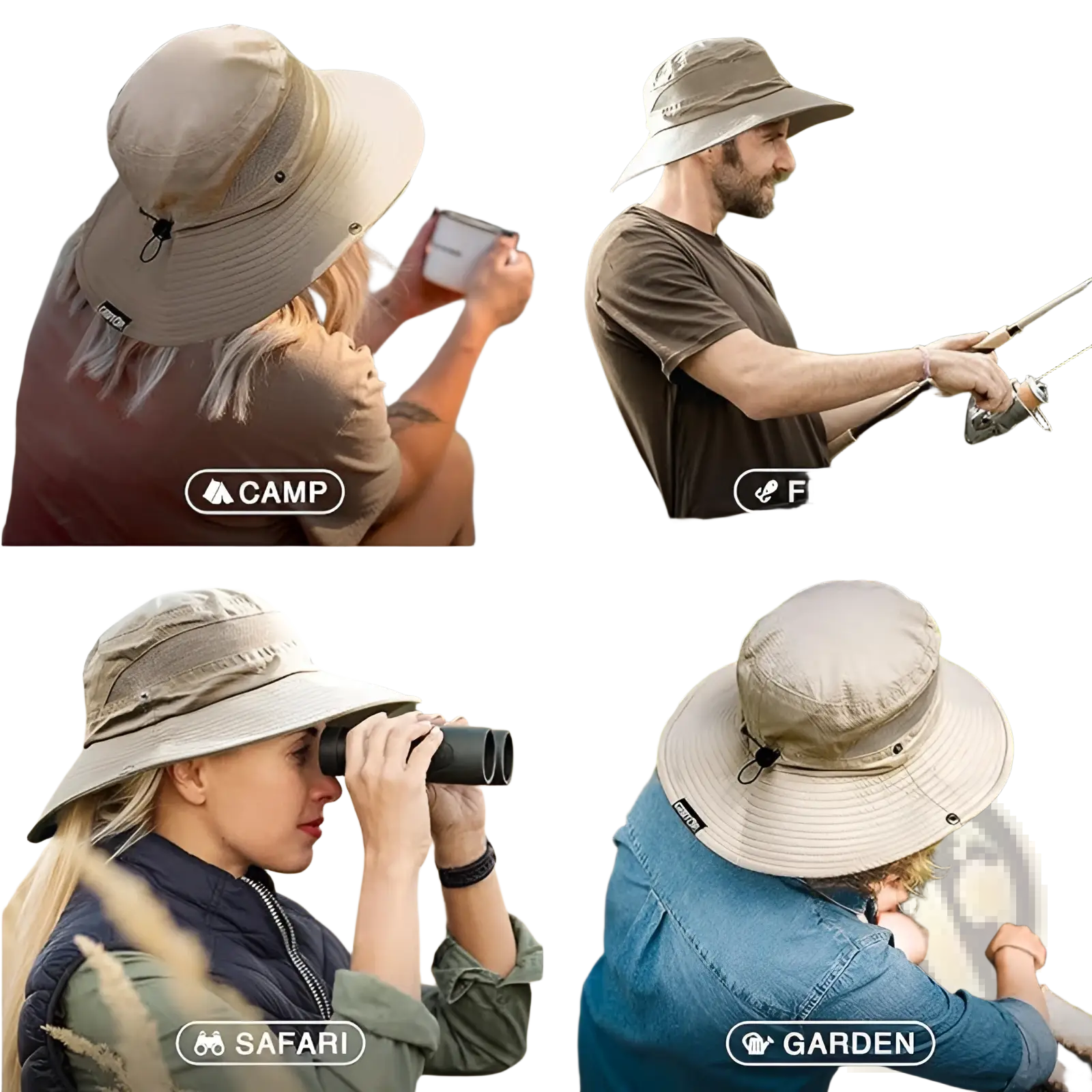 Beige mesh uv protection bucket hat with wide brim, adjustable strap, and mesh lining suitable for outdoor activities