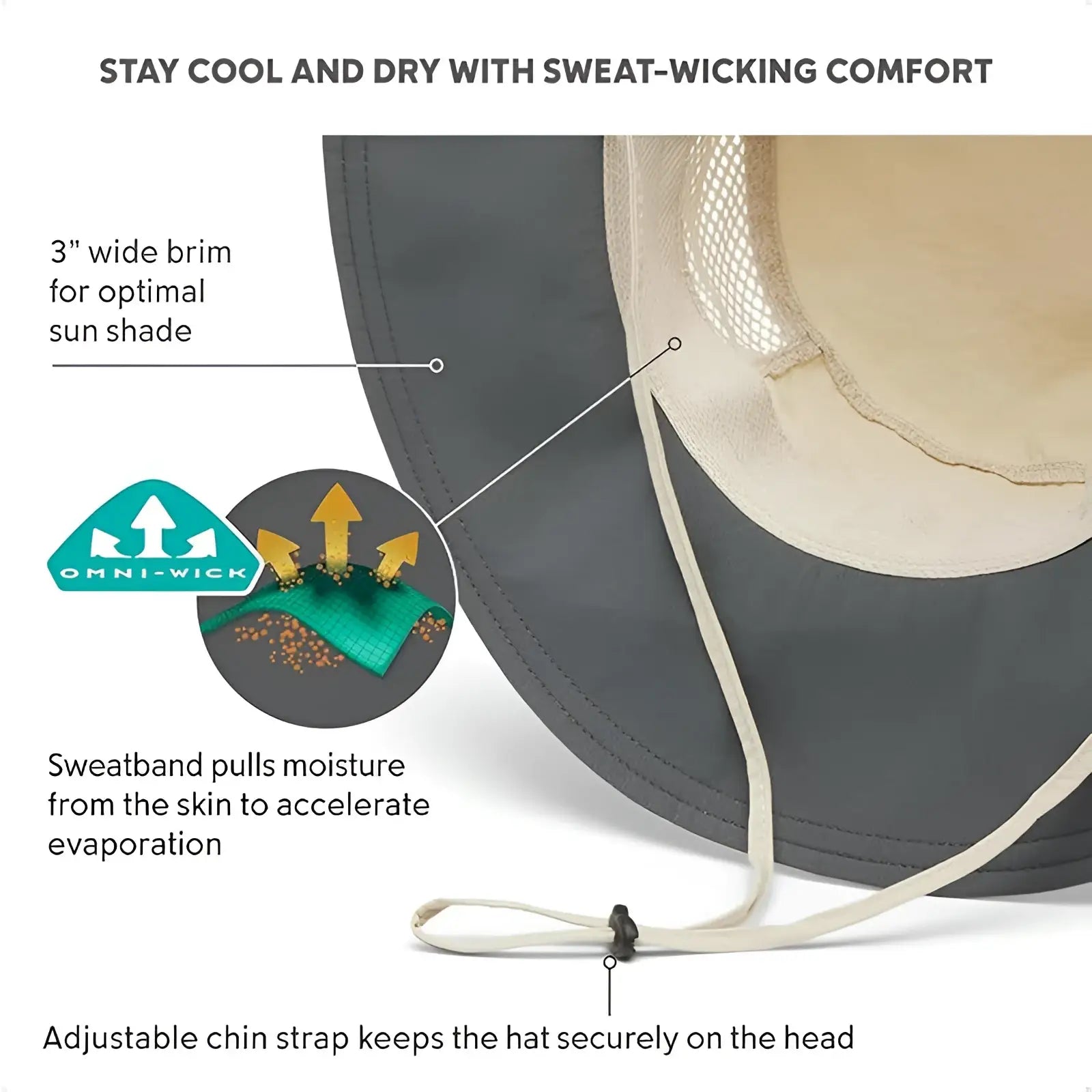 Gray mesh UV protection bucket hat with 3-inch brim, mesh interior lining, and adjustable chin strap