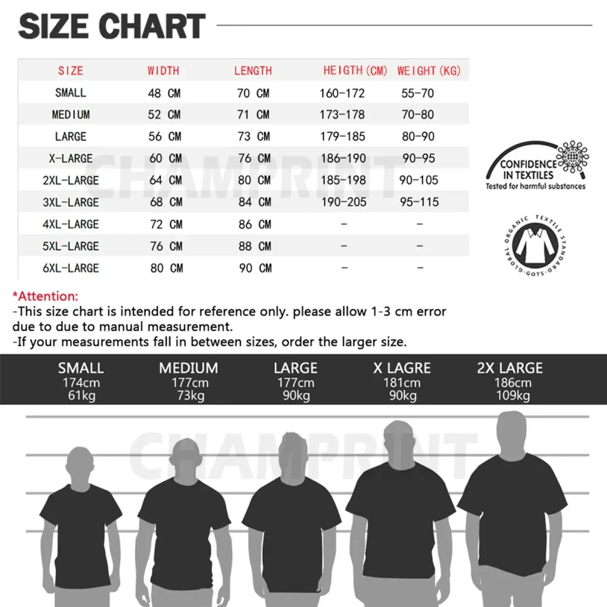 Black cotton messi goat graphic t-shirt size chart with measurements and silhouette figures for accurate fitting guidance