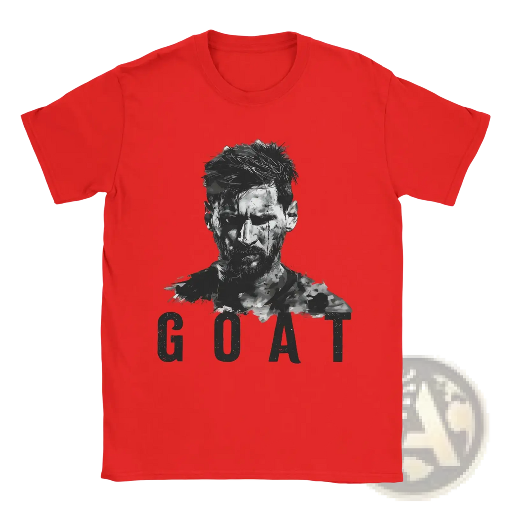 Red cotton short-sleeved Messi goat graphic t-shirt featuring a black and white portrait and printed text below