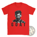 Red cotton short-sleeved Messi goat graphic t-shirt featuring a black and white portrait and printed text below