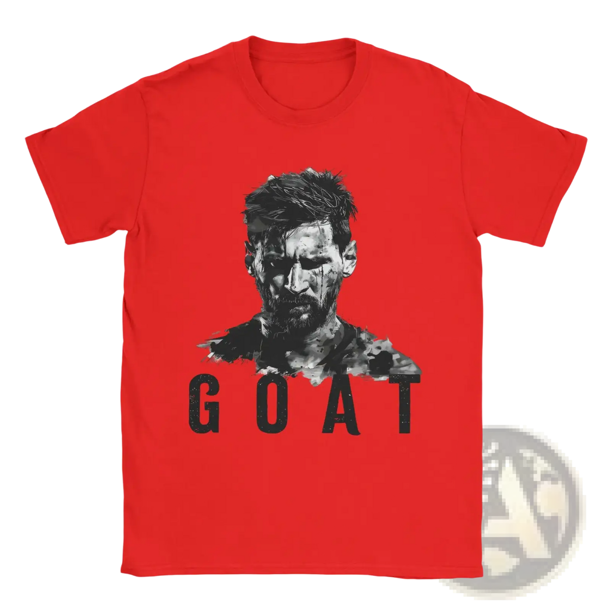 Red cotton short-sleeved Messi goat graphic t-shirt featuring a black and white portrait and printed text below