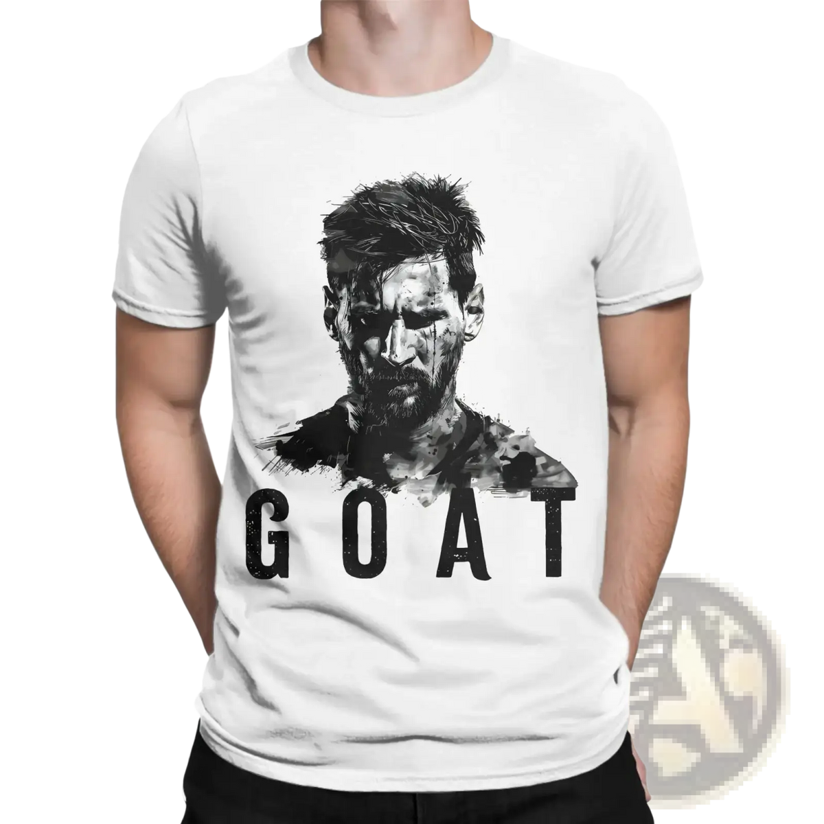 White cotton t-shirt featuring a black and white lionel messi graphic with the word goat printed below