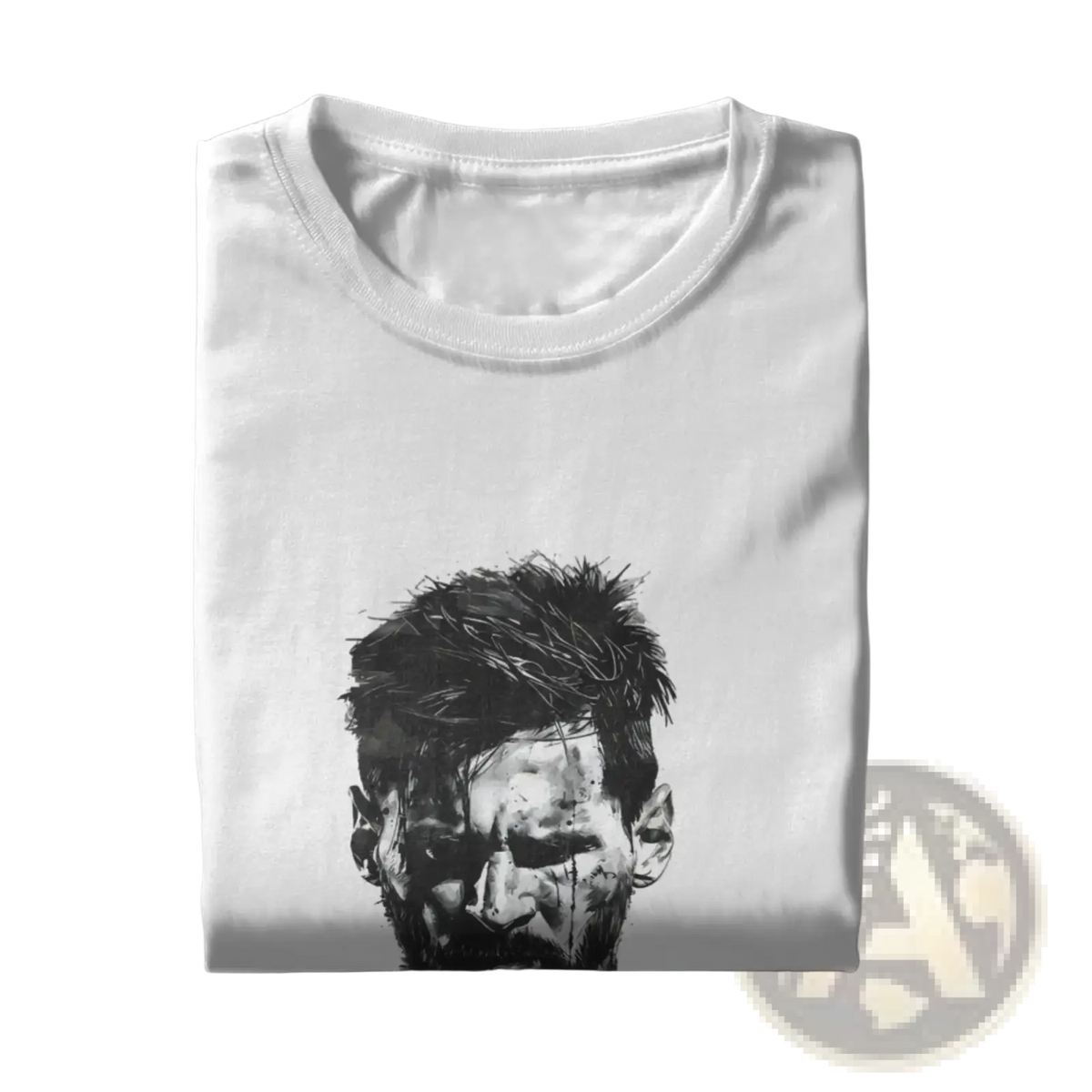 White cotton t-shirt featuring a black and white stylized textured portrait graphic print of Messi goat design