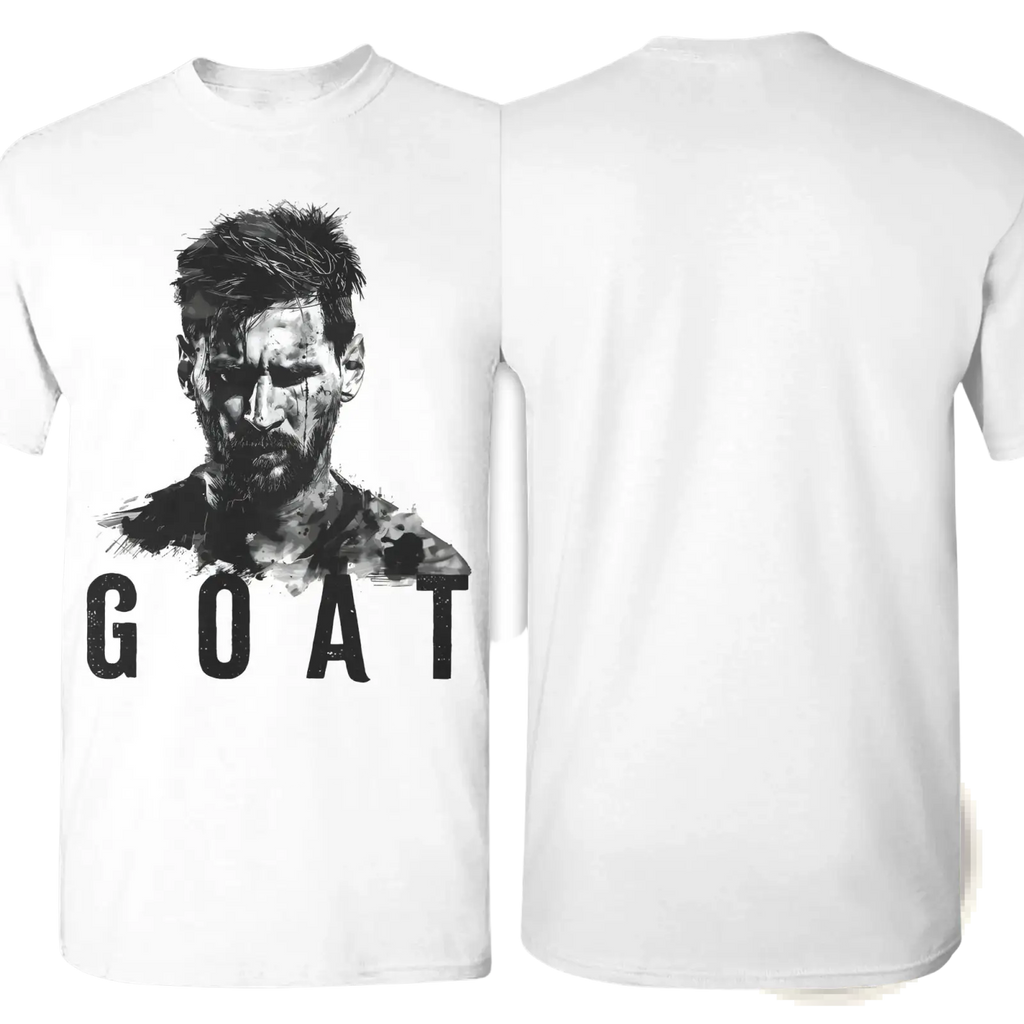 White cotton t-shirt featuring a black and gray portrait of Lionel Messi with bold distressed goat lettering below