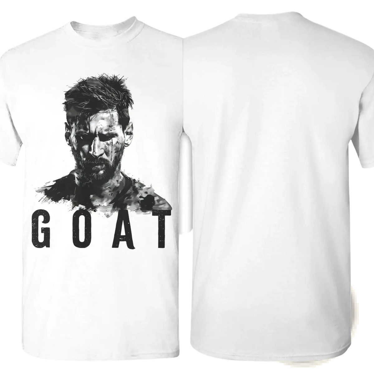 White cotton t-shirt featuring a black and gray portrait of Lionel Messi with bold distressed goat lettering below