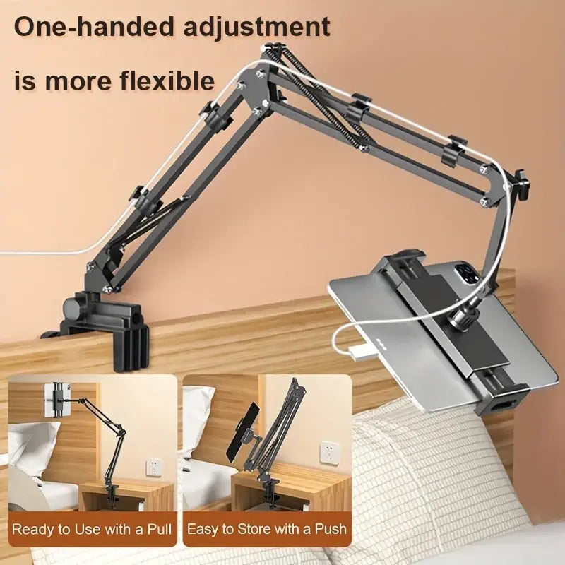 Adjustable black metal tablet arm clamp with articulated arms for bed headboard mounting in metal adjustable tablet arm clamp for bed