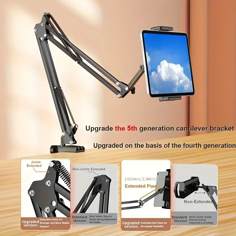 Black metal adjustable tablet arm clamp with articulated spring-loaded joints for bed use shown from the back side